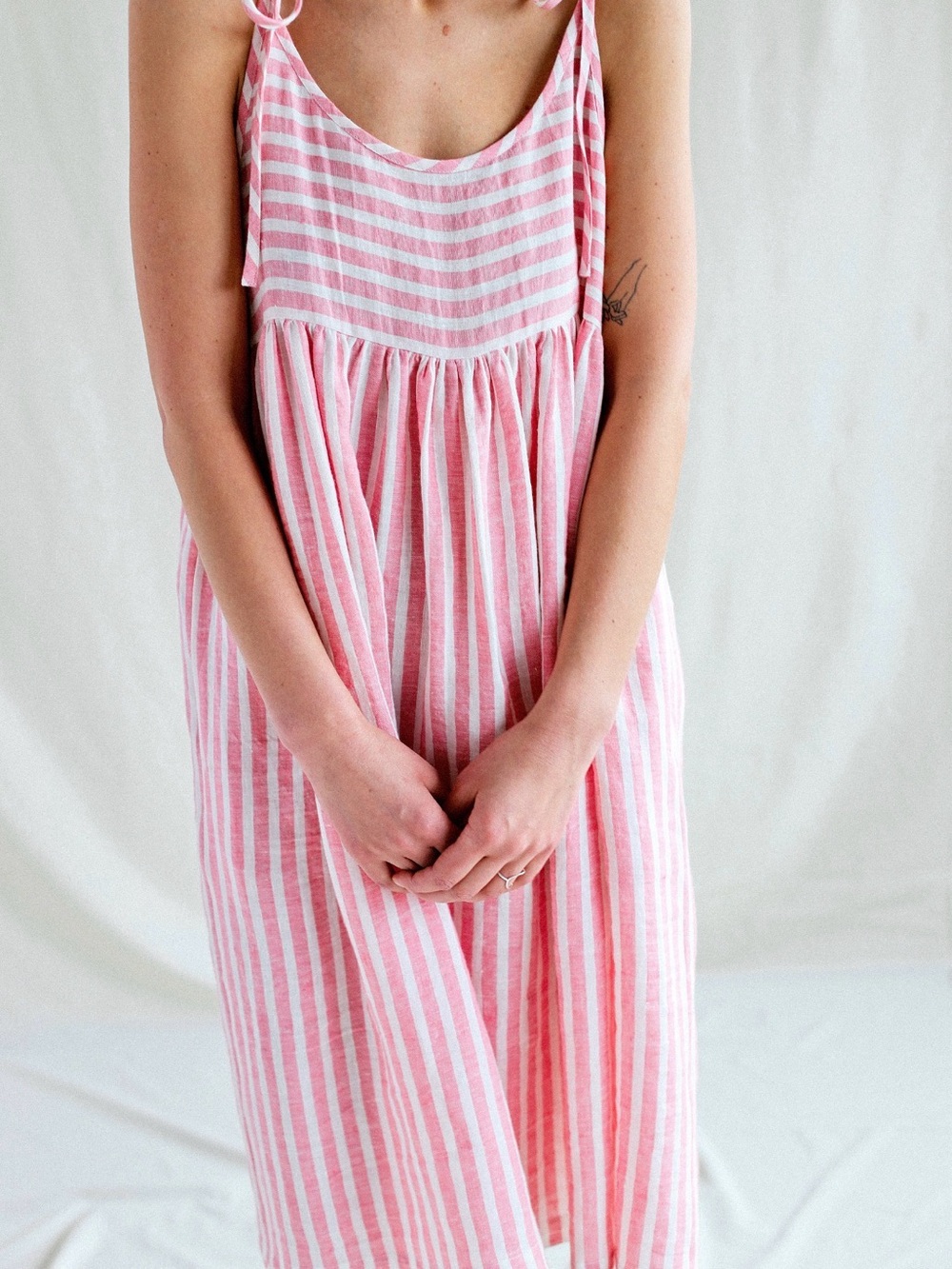 Sleeveless Pink & White Striped Midi Dress with Tie Straps